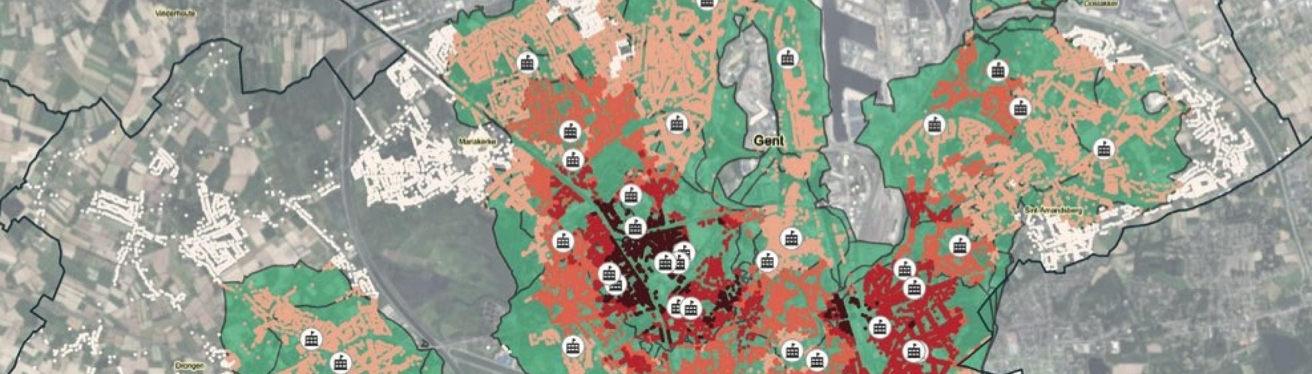 Map of Ghent with heatmap indications and place markers 